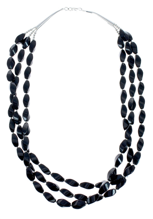 Native American 3 Strand Onyx Sterling Silver Bead Necklace X10488